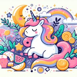 Cute unicorn coloring page with stars, fruits, flowers, moon, and rainbow. Ideal for kids' creative fun and imaginative play.