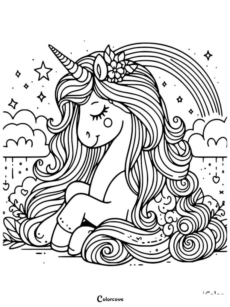 Cute unicorn with a floral mane and rainbow background in this free printable coloring page sheet 26