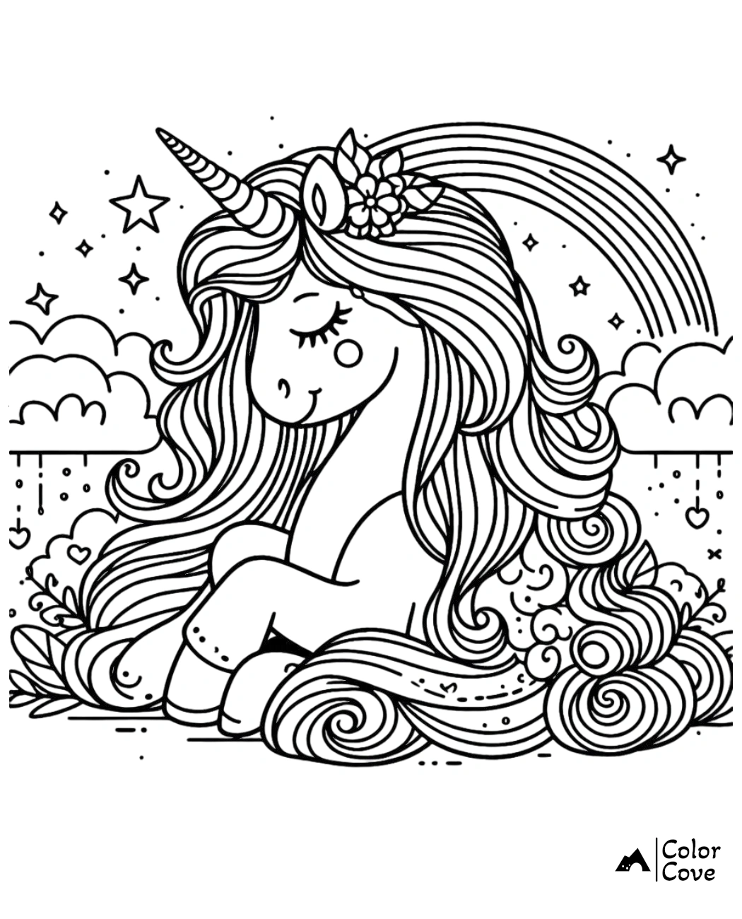 Unicorn coloring page with a majestic unicorn, flowing mane, stars, and a rainbow background perfect for kids. Color Cove branding.