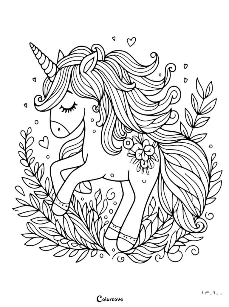A cute unicorn with a flowing mane and floral accents surrounded by leaves on a printable coloring page.