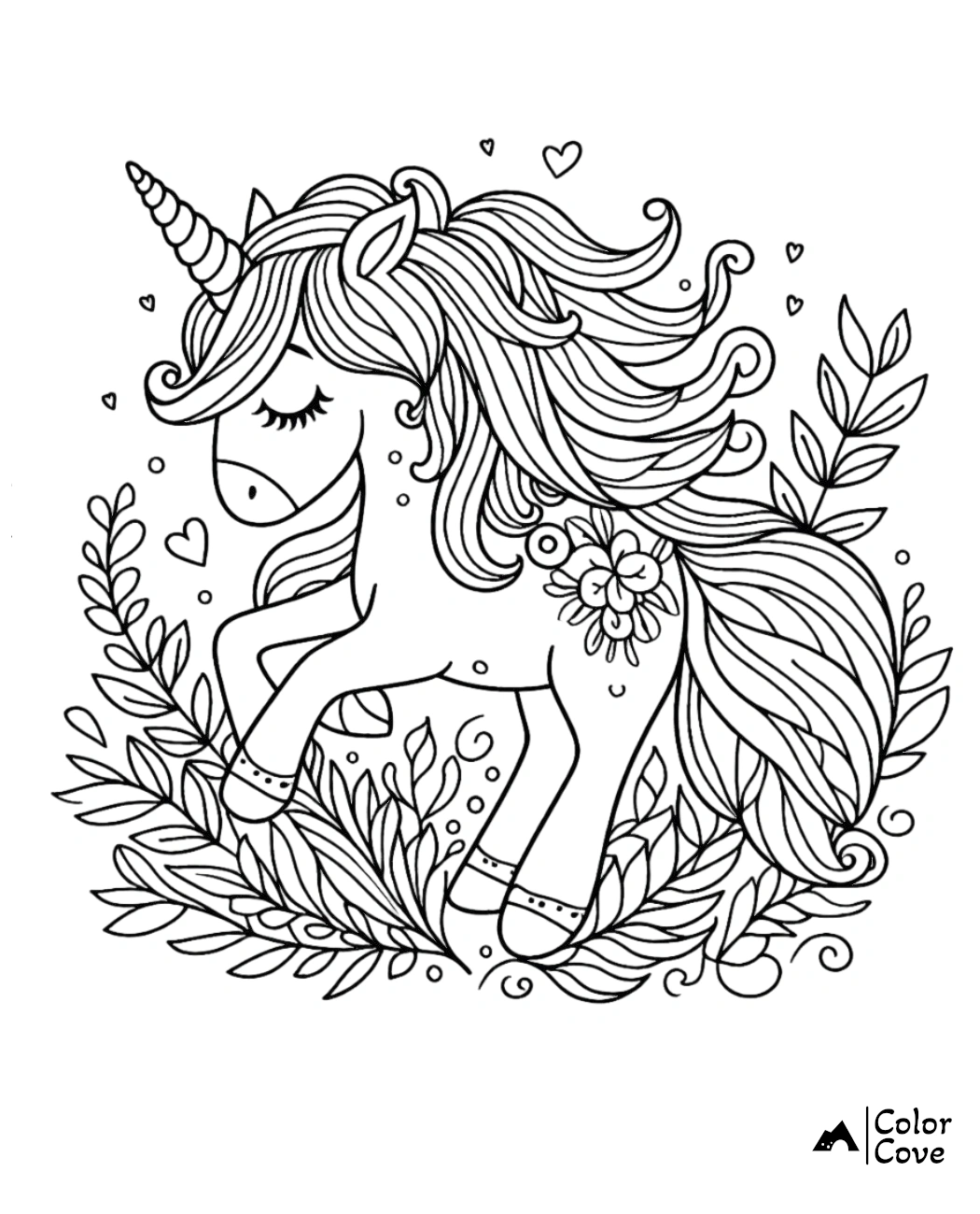 Cute unicorn coloring page with flowers and leaves. Printable magical unicorn design for kids' art activities.