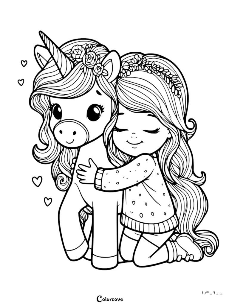 A cute unicorn coloring page featuring a girl hugging a unicorn with a flower crown and floating hearts.