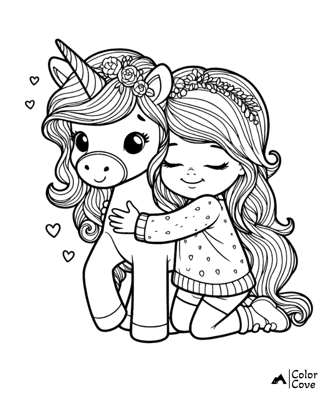 Girl hugging a unicorn coloring page for kids. Cute and heartwarming illustration with flowers and hearts. Color Cove.