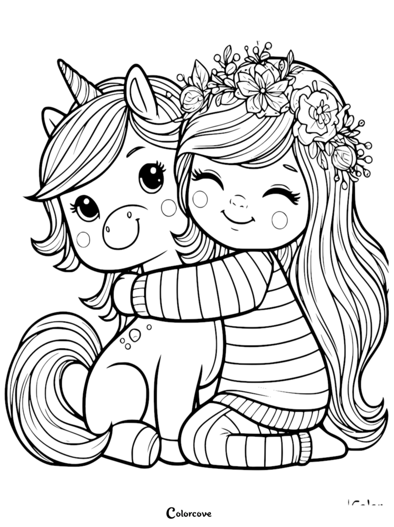 A girl with a flower crown hugging a cute unicorn in this free printable coloring page sheet 4.