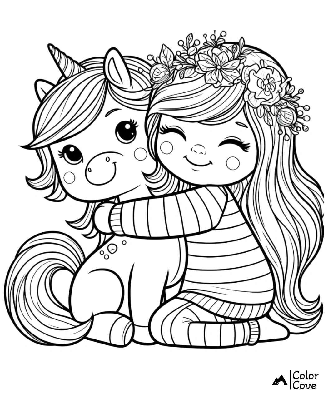 Girl hugging a unicorn coloring page. Cute child with flower crown and unicorn in black and white. Printable coloring page.