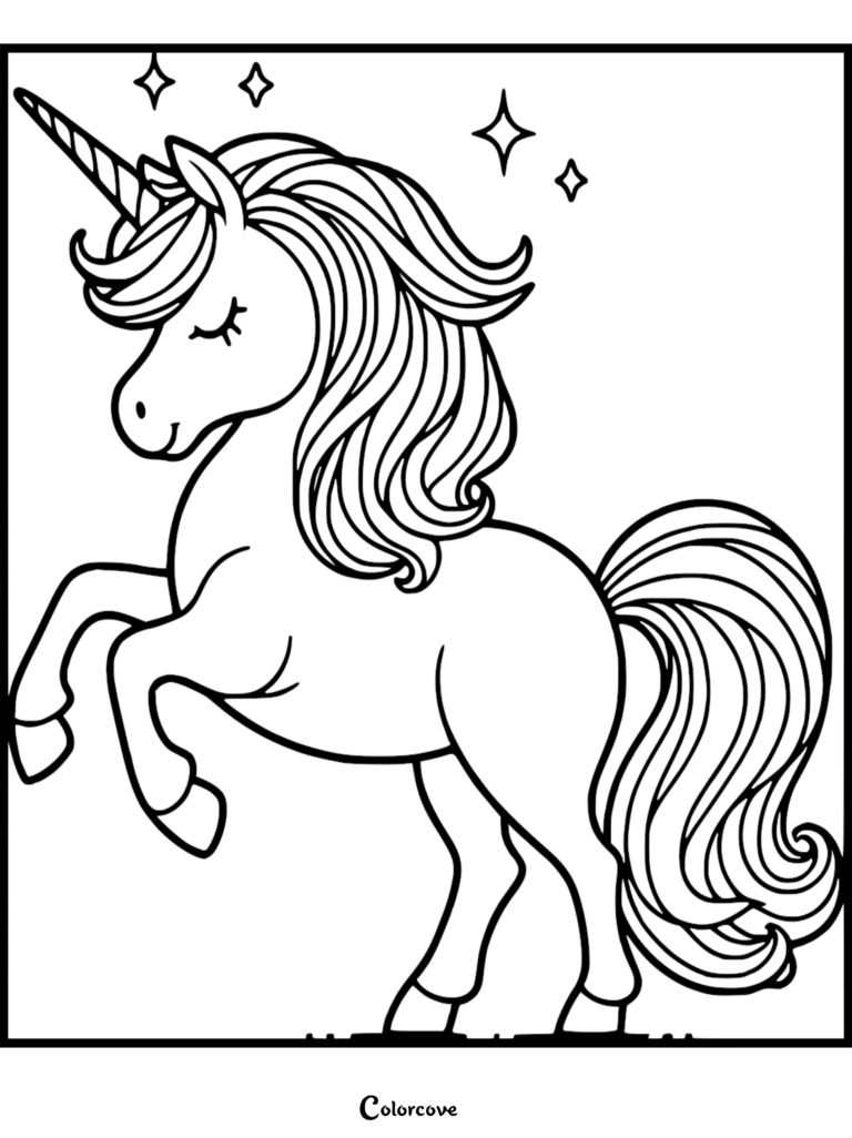 A cute unicorn with a flowing mane and tail prancing under sparkling stars on this free printable coloring page sheet 5.