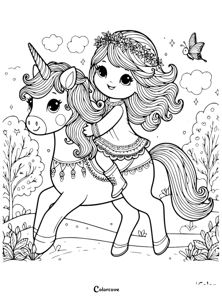 A cute girl with a flower crown riding a unicorn in a magical forest on this free printable coloring page.