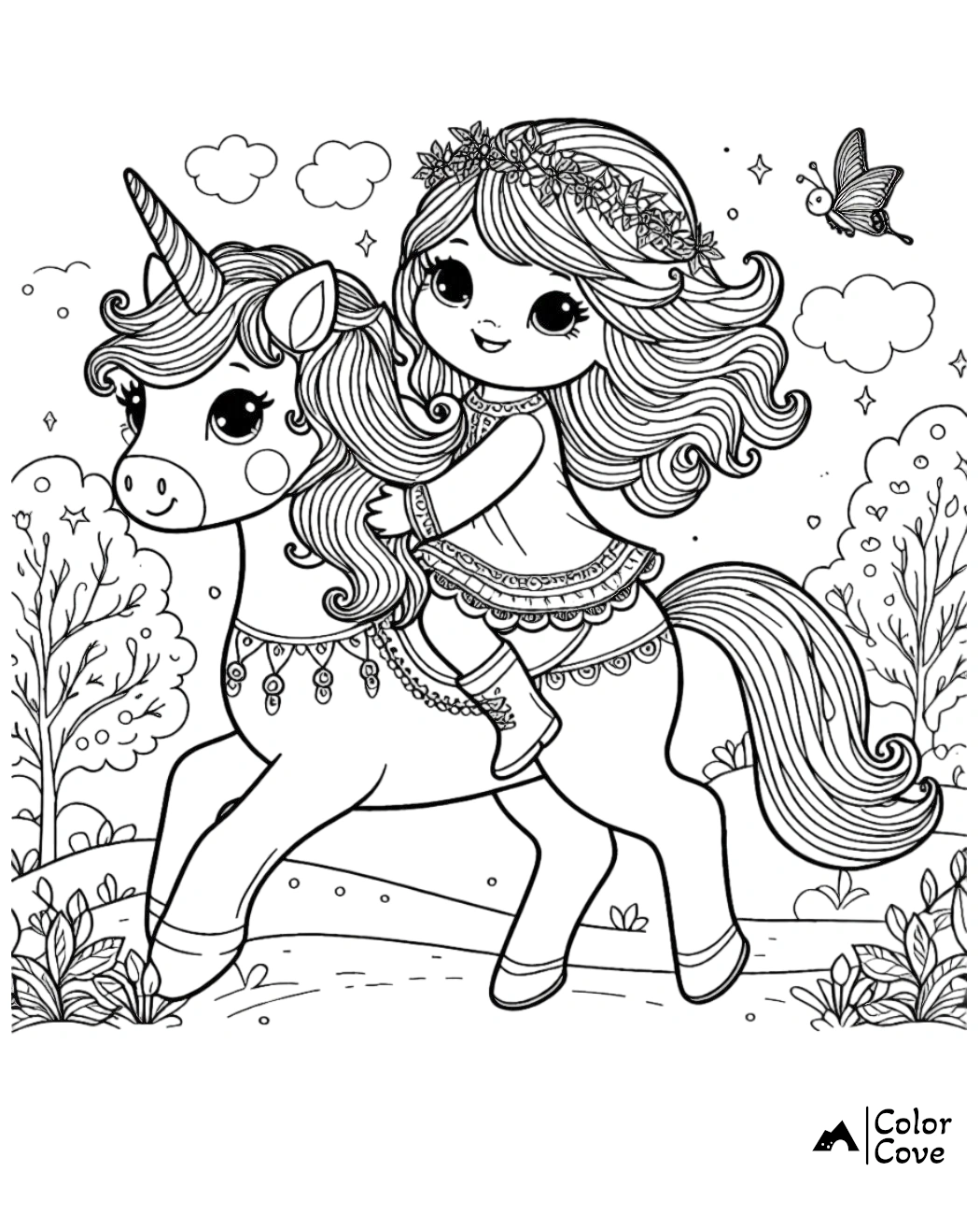 Girl riding a unicorn in a magical forest with butterfly. Coloring page for kids. Color Cove illustration.