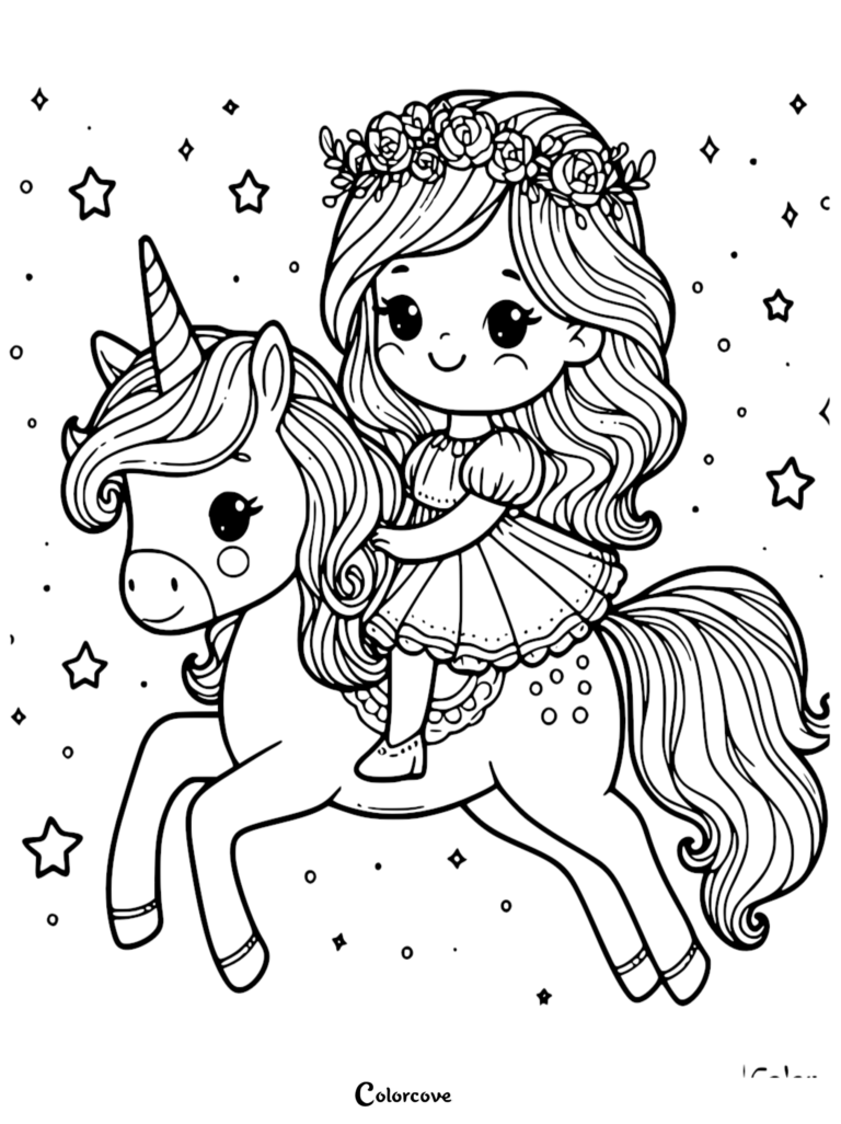 A cute girl with a flower crown riding a magical unicorn in a starry sky coloring page.