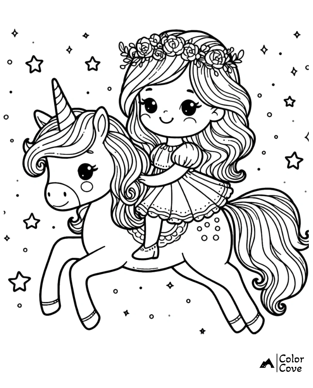 Cute coloring page of a girl riding a unicorn, surrounded by stars, wearing a floral headband and a dress. Perfect for kids.