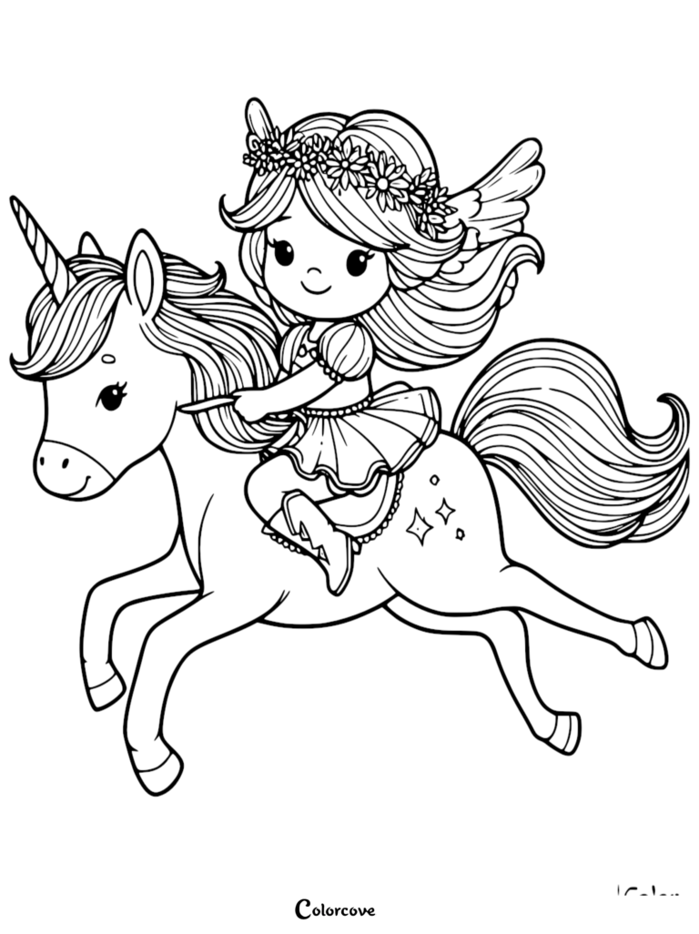 A cute girl with a flower crown riding a magical unicorn in this free printable coloring page.