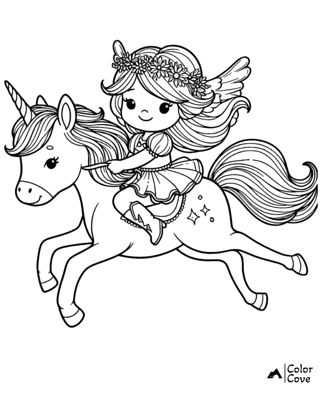 Coloring page of a fairy girl riding a unicorn with a flower crown and wings, suitable for kids.