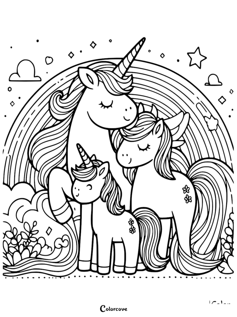 A cute unicorn family coloring page featuring two adult unicorns and a foal standing under a rainbow with stars and clouds.