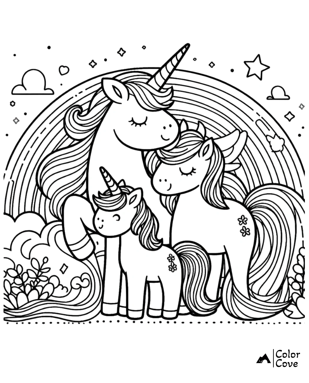 Unicorn family coloring page with a rainbow and stars backdrop, perfect for kids' imaginative and artistic activities.