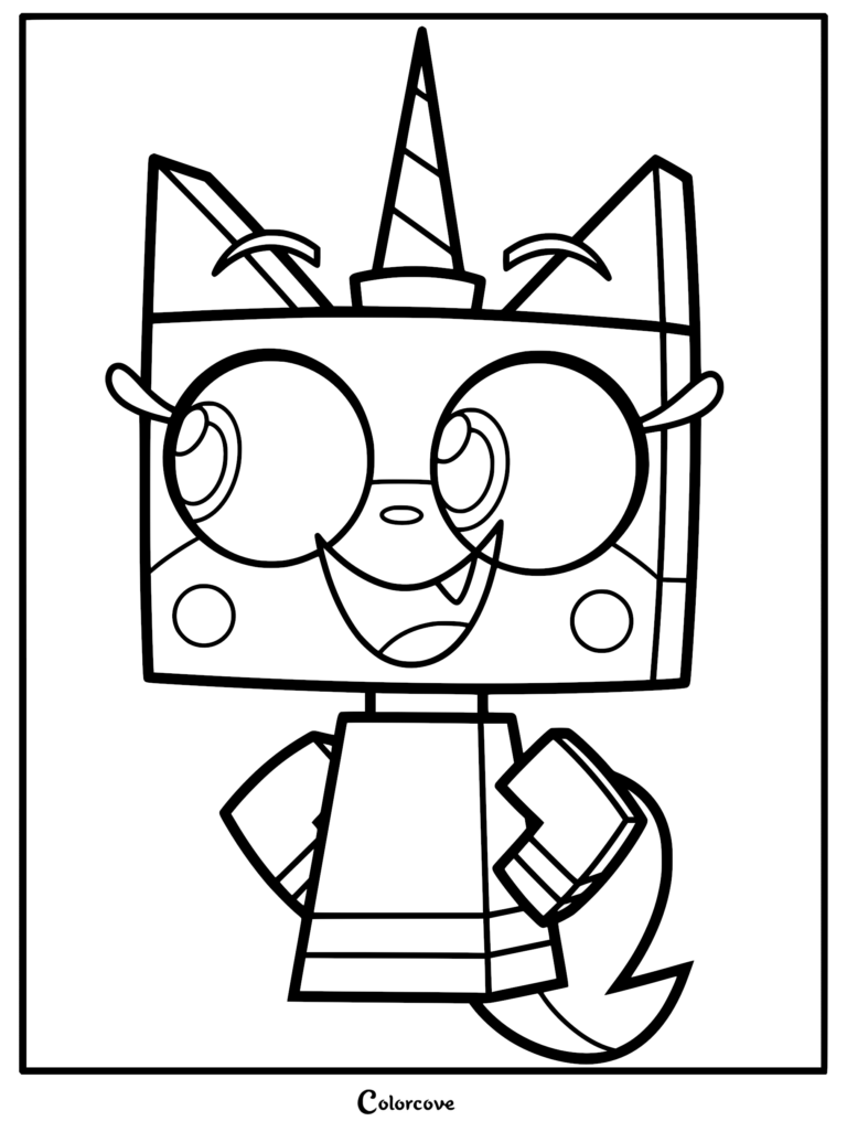 Unikitty, the pink cat-unicorn hybrid, standing with hands on hips in this printable coloring page.