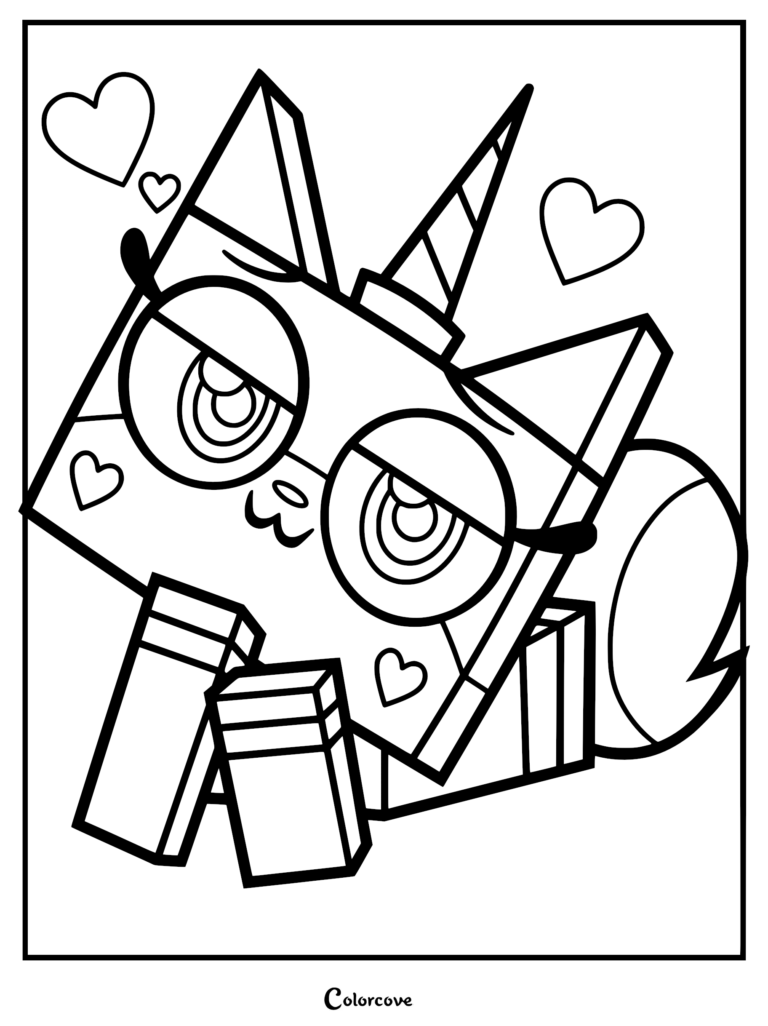 A printable Unikitty coloring page featuring the pink cat-unicorn hybrid wearing thick-rimmed glasses, surrounded by floating hearts.