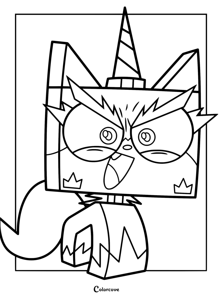 Unikitty in her fiery Angry Kitty transformation with spiky eyebrows, wide eyes, and open mouth, perfect for a printable coloring page.