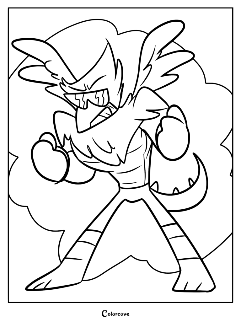Hawkodile wearing sunglasses in a dynamic fighting stance, detailed line art illustration for a printable Unikitty coloring page.