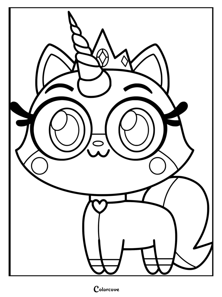 A printable coloring page featuring the face and upper body of Princess Unikitty with her iconic horn, crown, and large expressive eyes.