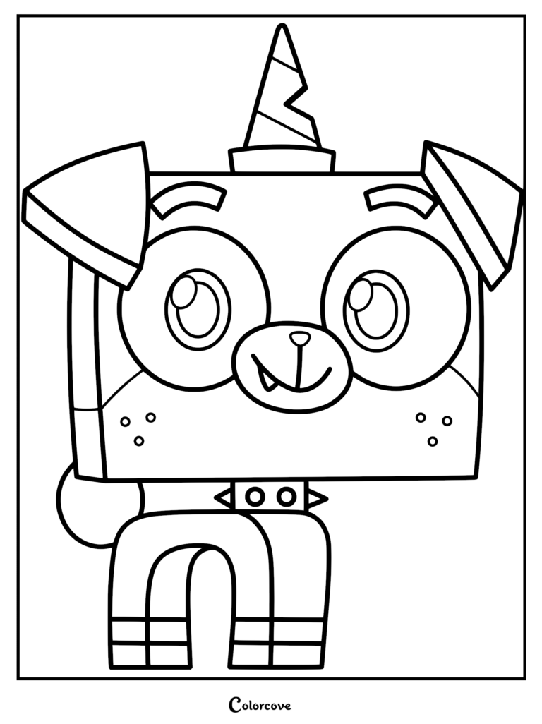 Prince Puppycorn from Unikitty coloring page showing the blocky pug-unicorn hybrid with a spiked collar and horn