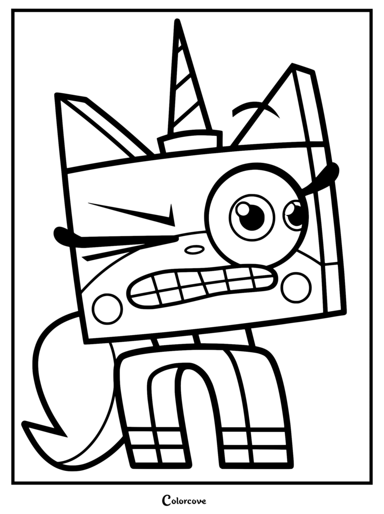 Princess Unikitty transforming into Angry Kitty with gritted teeth, expressive winking eye, and signature horn in a bold line art coloring page style.