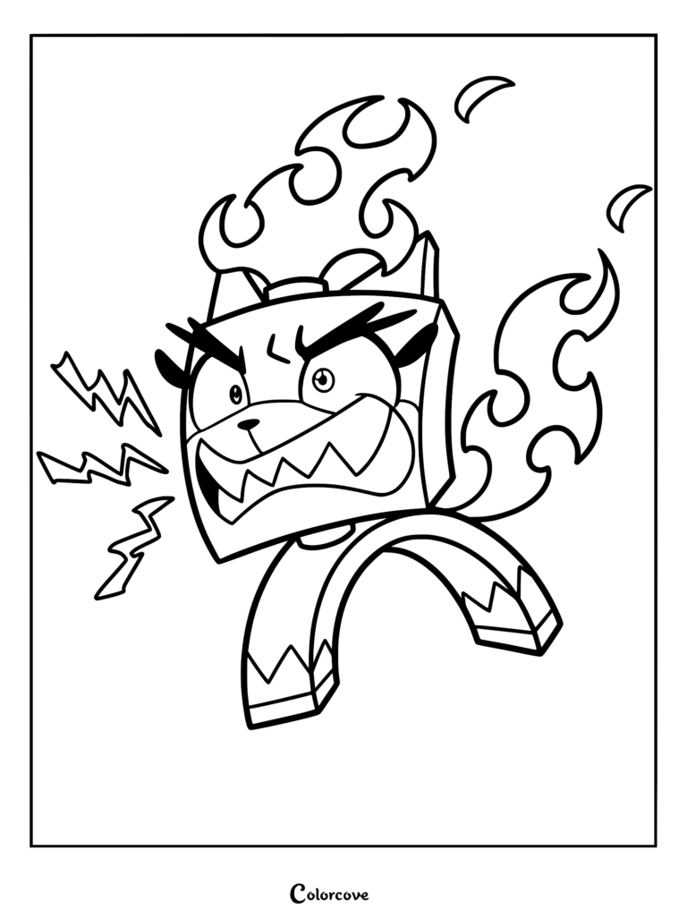 Unikitty in her angry transformation state with flames and lightning bolts, featured on a printable line art coloring page.