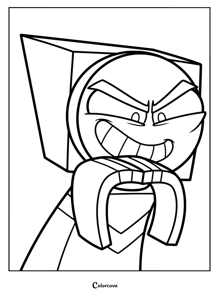 Master Frown from Unikitty cartoon smiling deviously, line art printable coloring page style