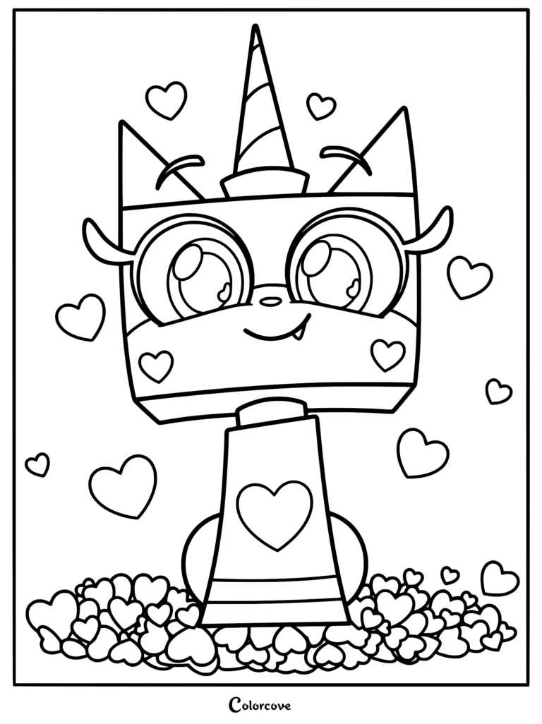Princess Unikitty coloring page showing the happy unicorn-cat hybrid with large eyes, a single horn, and a body sitting on a pile of small hearts, surrounded by floating heart shapes.