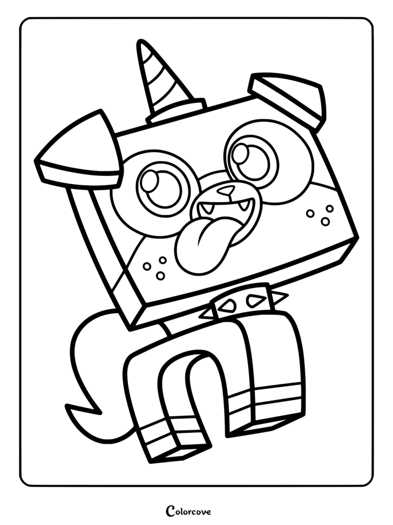 Unikitty from the Unikitty! series with her tongue sticking out, shown in a clean line art coloring page style.