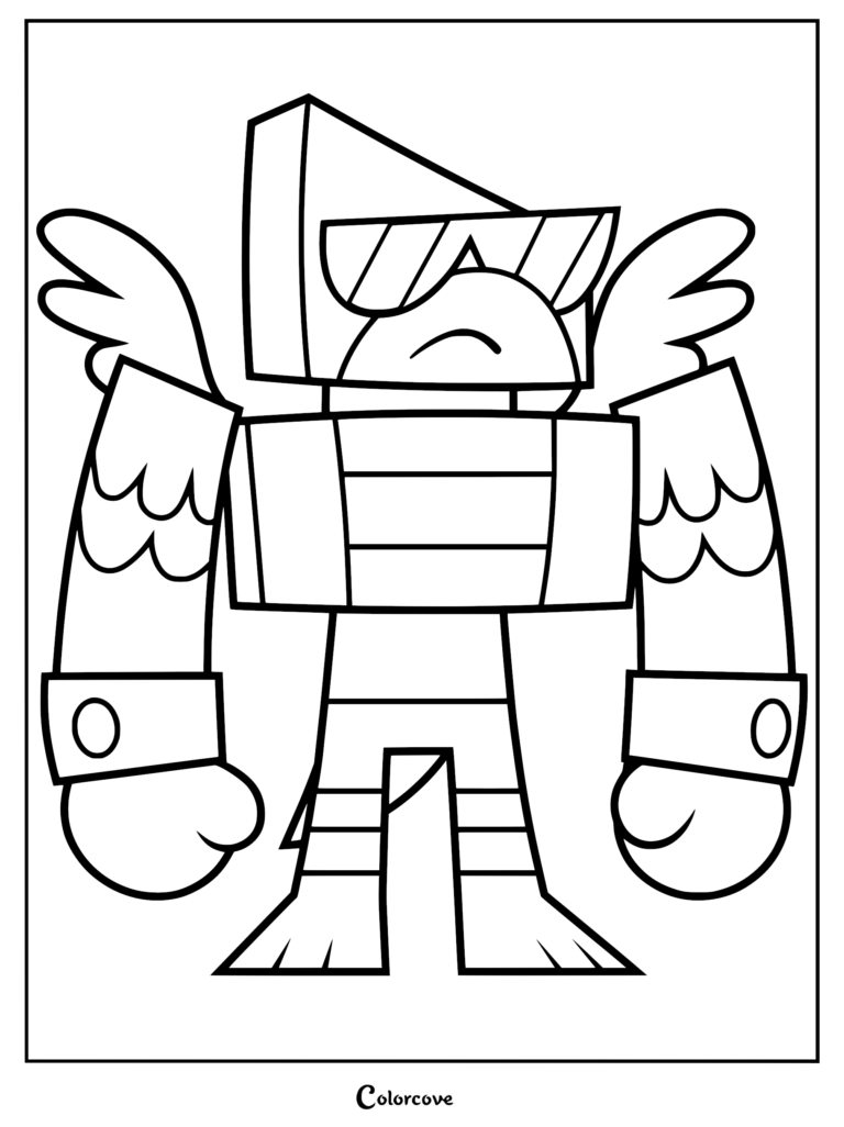 A printable coloring page of the character Hawkodile from the Unikitty series, featuring his muscular hawk-crocodile build, sunglasses, and feathered wings.