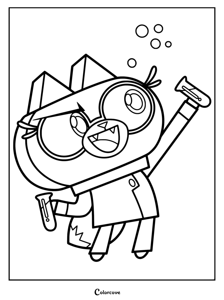 Dr. Fox from the Unikitty series wearing a lab coat and holding test tubes, black and white printable coloring page.