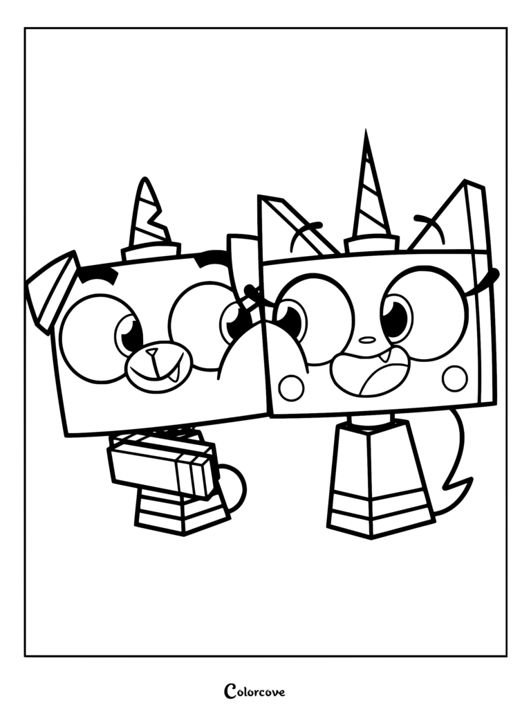 Unikitty and her brother Puppycorn hugging on a printable coloring page