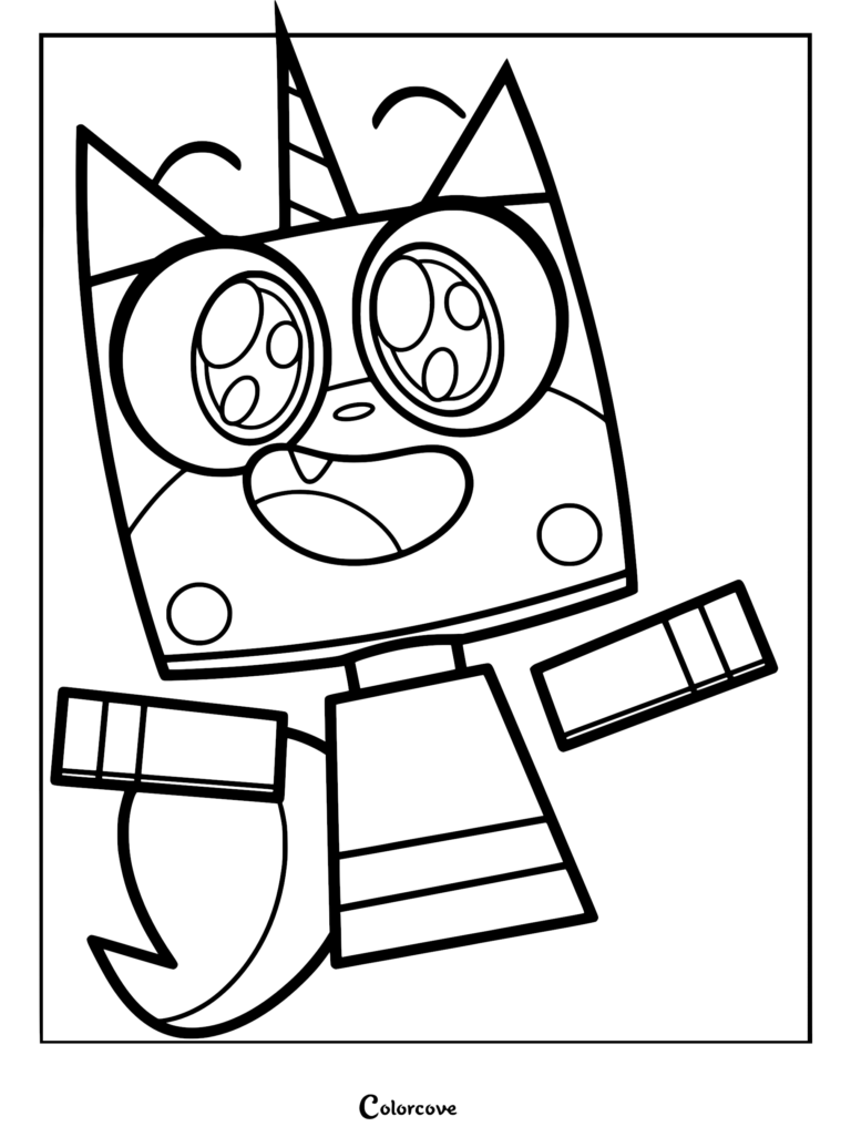 Unikitty line art coloring page showing the happy pink cat-unicorn hybrid with large eyes and a horn, waving with both arms outstretched.