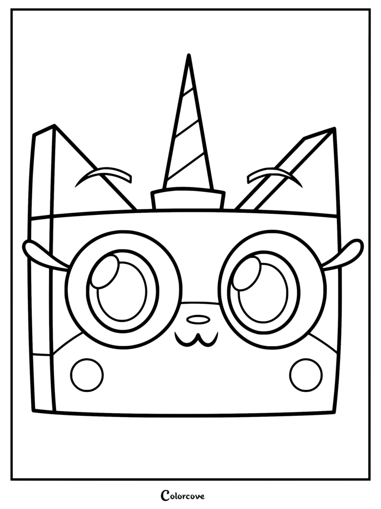 A printable coloring page featuring the close-up square face of Princess Unikitty with her signature horn, large expressive eyes, and happy expression.