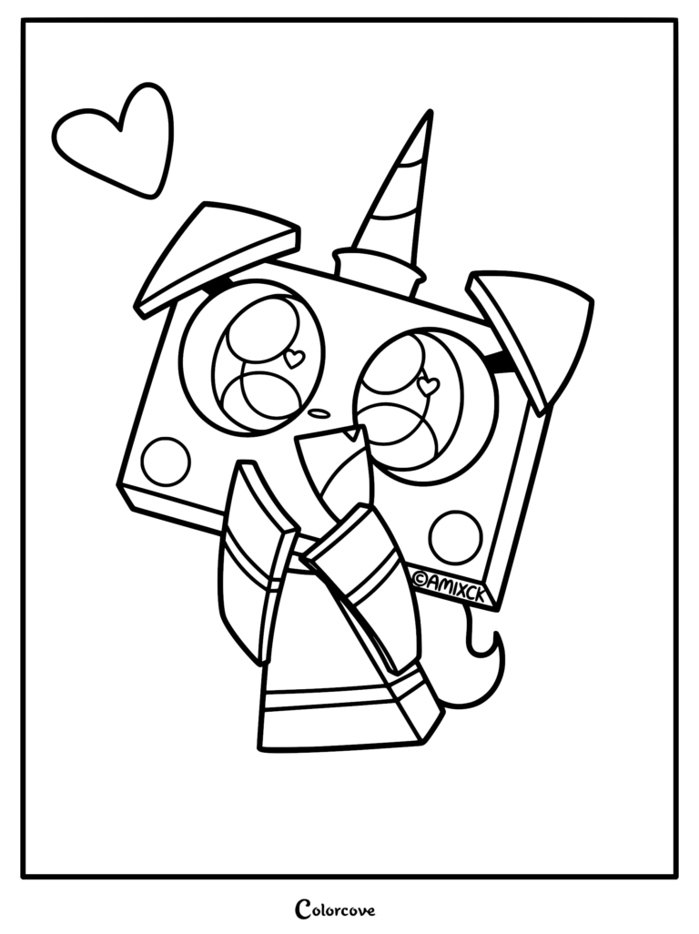 Unikitty with heart-shaped pupils looking lovingly with a heart floating above her head in this printable coloring page line art.