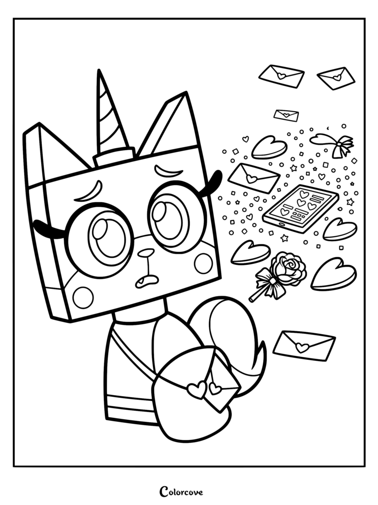 Princess Unikitty looking at a flying smartphone, rose, and hearts, printable Unikitty coloring page
