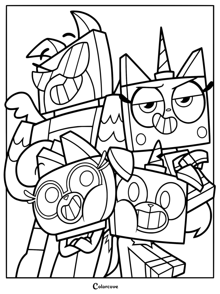 A printable coloring page featuring the Unikitty cast including Unikitty, Prince Puppycorn, Hawkodile, and Dr. Fox in a tight group shot.