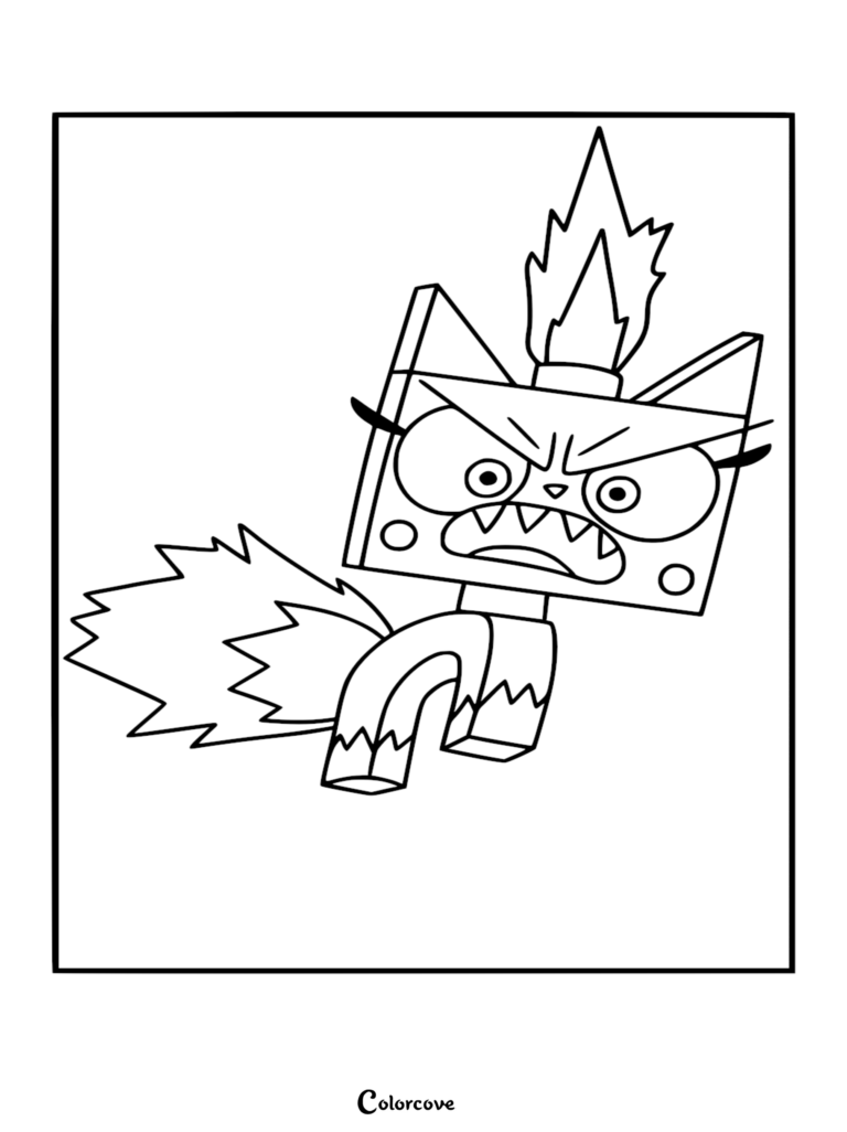 Unikitty in her fiery Angry Kitty transformation, showing sharp teeth and a flame on her head, perfect as a printable coloring page.