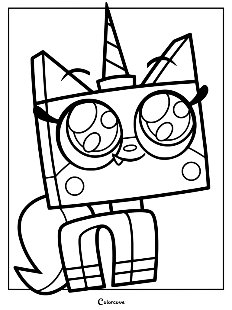 Princess Unikitty with large expressive eyes and a unicorn horn, outline drawing for a printable coloring page.