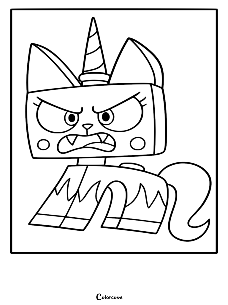 A printable coloring page featuring the Angry Kitty transformation of Princess Unikitty with a scowling expression, sharp fangs, and a horn.
