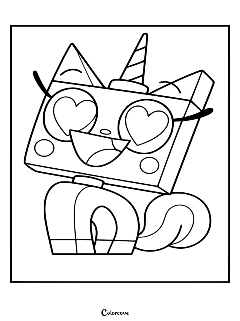 A printable Unikitty coloring page featuring the cat-unicorn hybrid with large heart-shaped eyes and a happy expression.