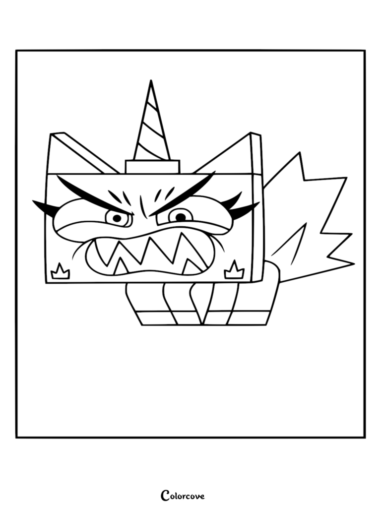Angry Kitty in Lego block form with furrowed brows and sharp teeth for a printable Unikitty coloring page.