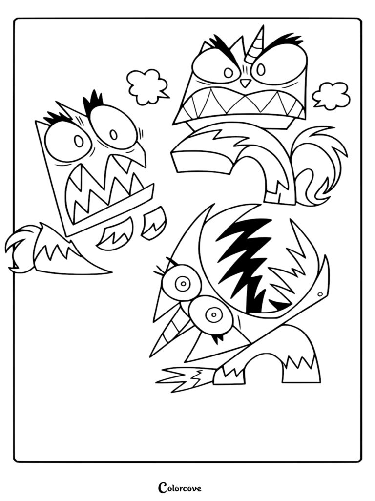 A printable Unikitty coloring page featuring Unikitty in her fiery Angry Kitty form, an angry Hawkodile, and a frustrated Master Frown line art.