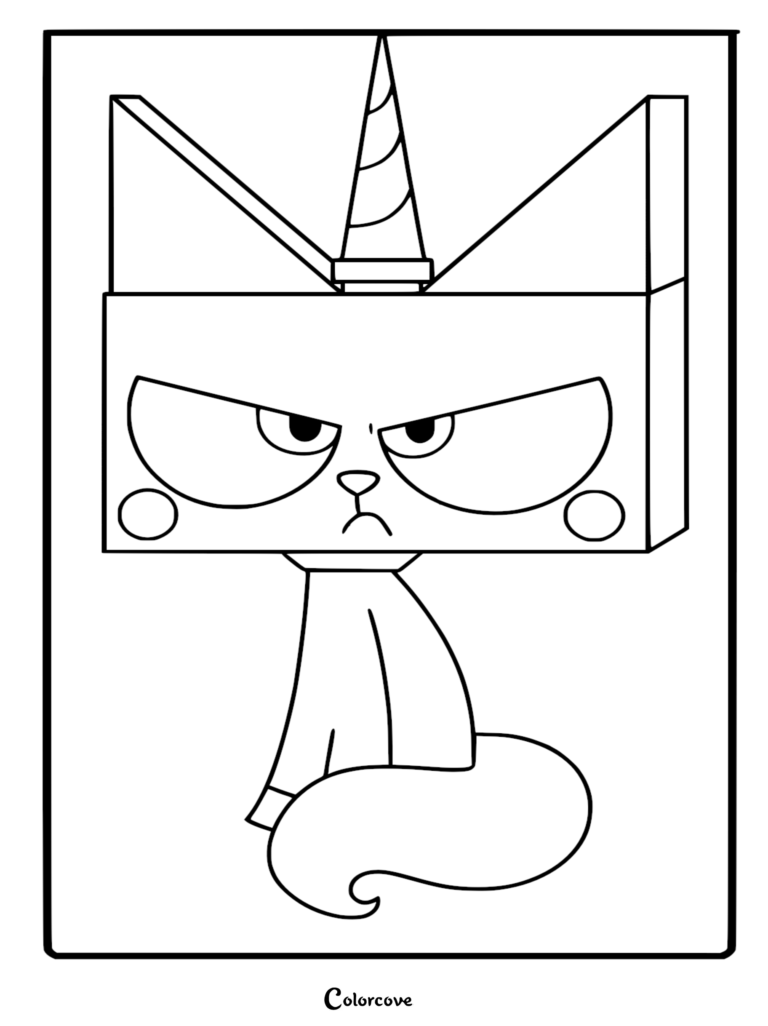 A printable coloring page featuring Princess Unikitty in her Angry Kitty form with a furrowed brow and sharp horn, centered in a rectangular frame.