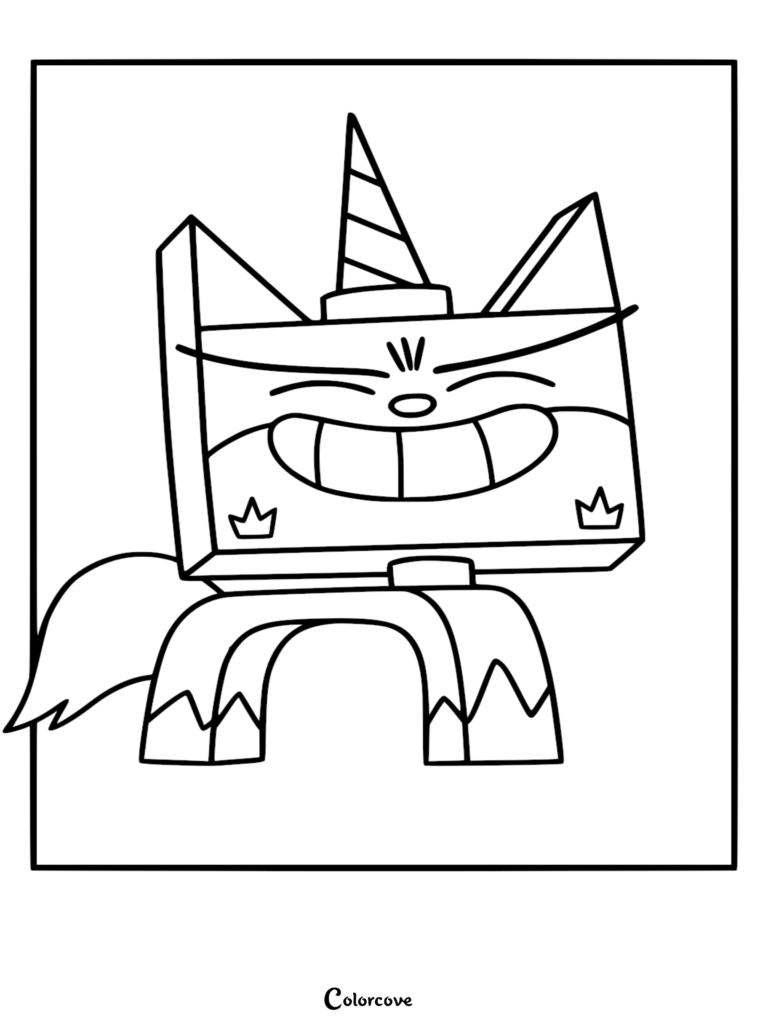A printable coloring page of Princess Unikitty with a large, happy grin, prominent horn, and wide eyes, line art style.