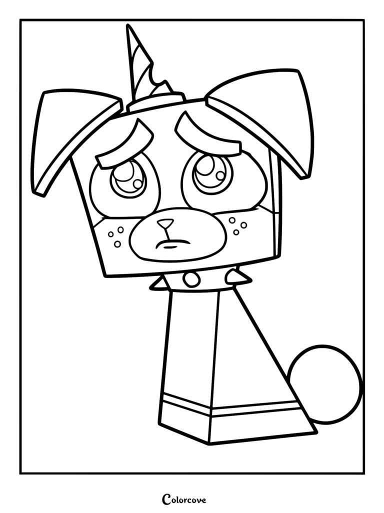 A printable coloring page featuring a sad Prince Puppycorn with droopy eyes, floppy ears, and a small unicorn horn.