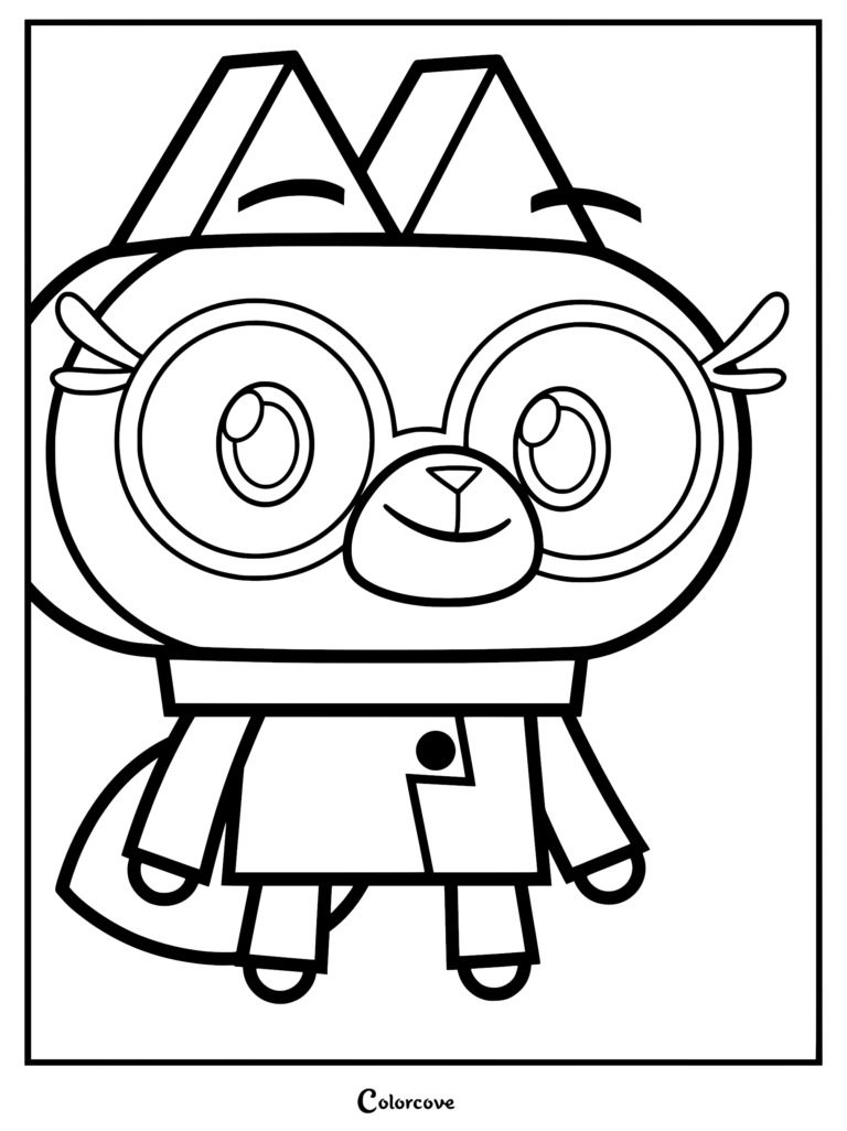 Dr. Fox from Unikitty wearing her lab coat with large glasses in a printable coloring page format.