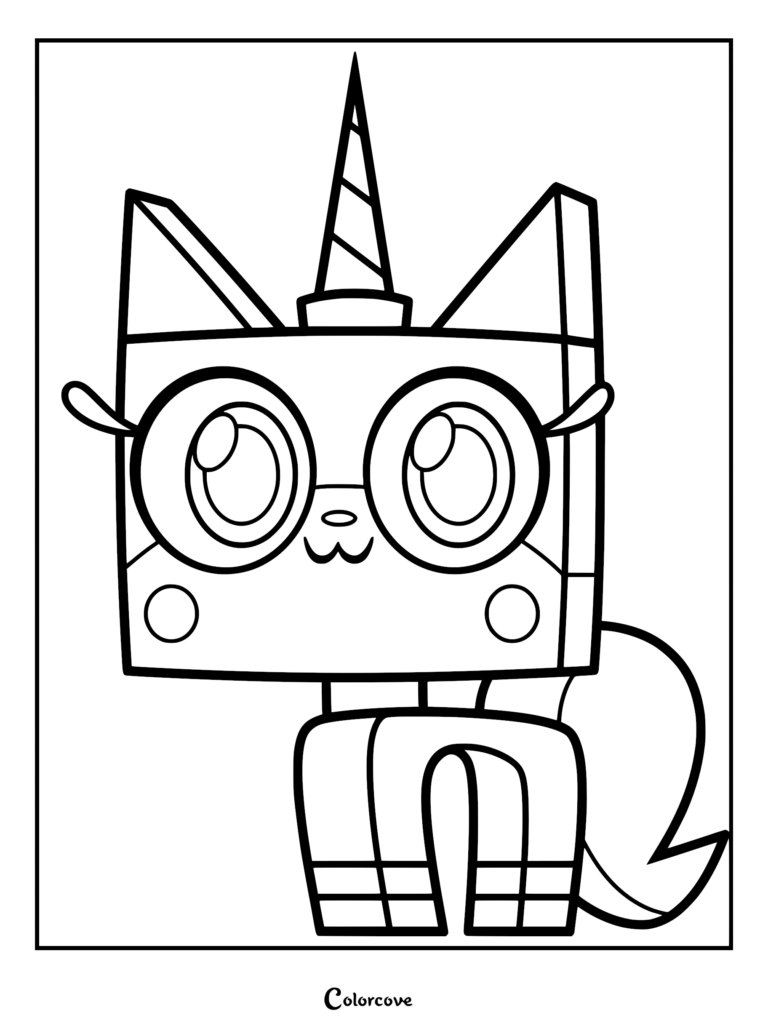 Princess Unikitty from the Unikitty series standing and looking forward, printable line art coloring page for kids.