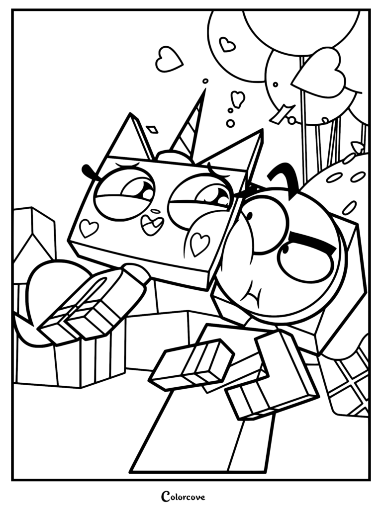 A printable coloring page featuring Princess Unikitty cuddling her brother Prince Puppycorn surrounded by festive balloons and hearts.