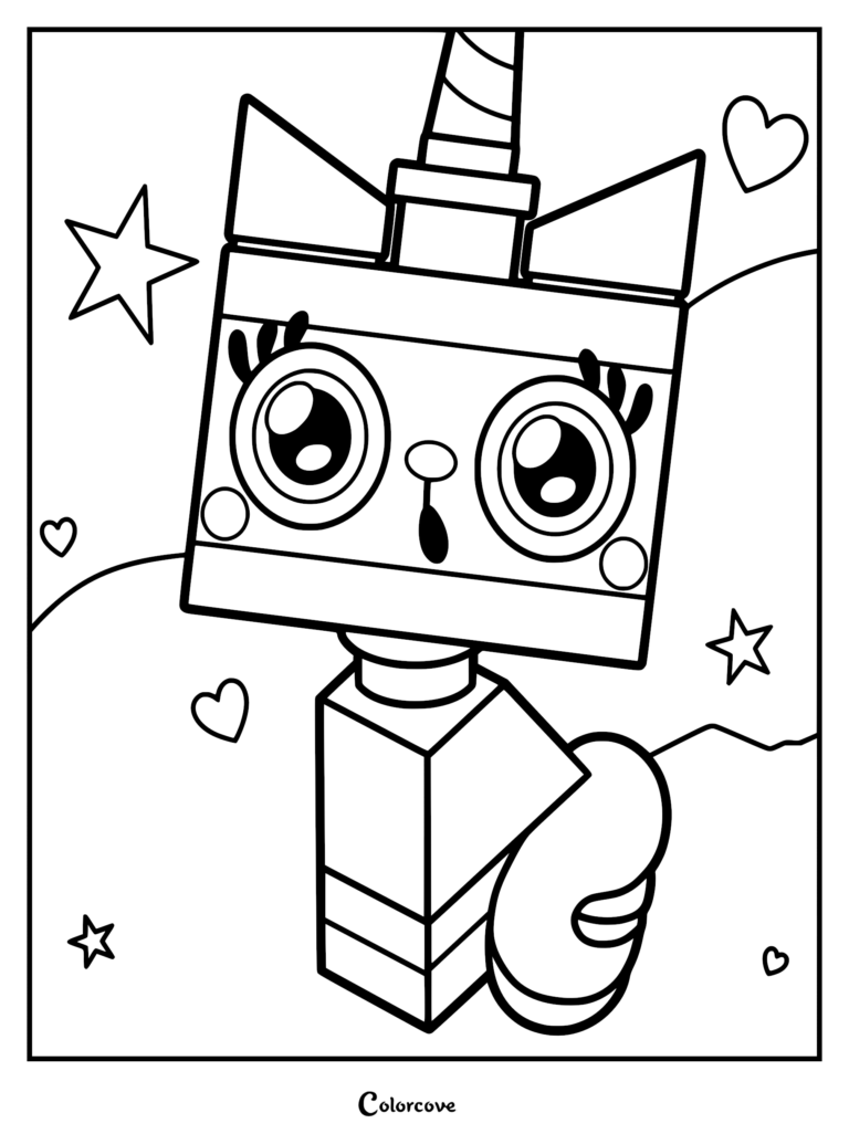 A printable Unikitty coloring page featuring the pink cat-unicorn hybrid with a surprised, wide-eyed expression surrounded by floating hearts and stars.